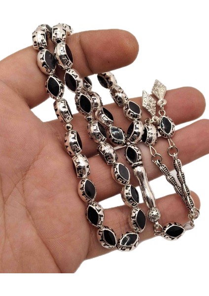 Siyah Mineli Gümüş Benzetme Metal Tesbih