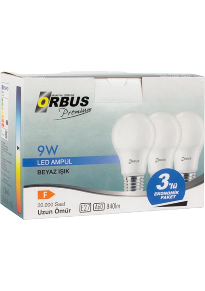 ORB/L9W 3lü Paket 9 Watt Beyaz LED Ampul