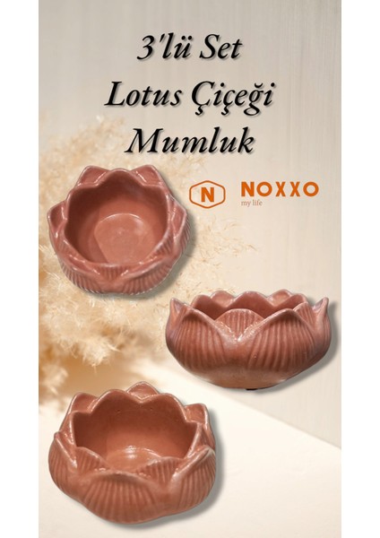 3 Lü Lotus Çiçeği Mumluk Seti - Dekoratif Tealight Mumluk Beton Kahverengi