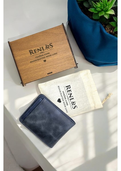Renlos Klasik Lacivert Deri Cüzdan Kartlıklı