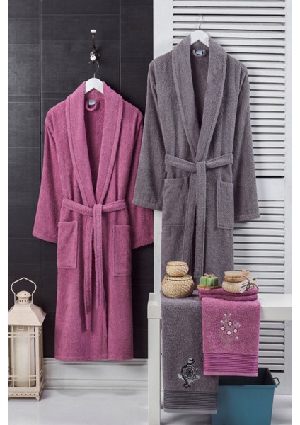 4'lü Bornoz Set Nakışlı Baş Havlulu Çeyiz Seti Hamam Seti Banyo Seti Pamuk