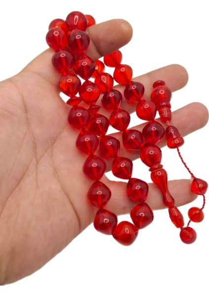 Sığırcık Kesim Büyük Boy Kırmızı Toz Kehribar Tesbih