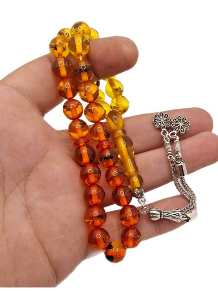 Özel Fosilli Küre Kesim Toz Kehribar Tesbih