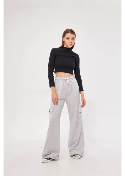 Kargo Cepli Palazzo Oversize Kesim Iki Iplik Bol Paça Eşofman Altı Pantalon - Gri modelleri