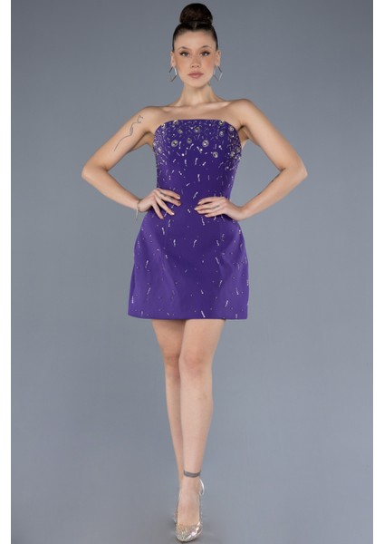 Straplez Taşlı Mini Gece Elbisesi ABK2232