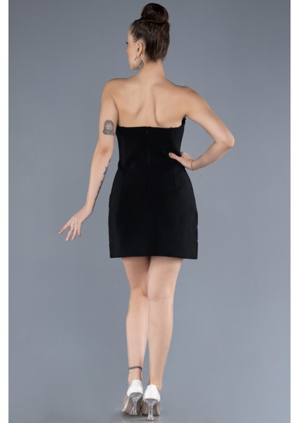 Straplez Taşlı Mini Gece Elbisesi ABK2232