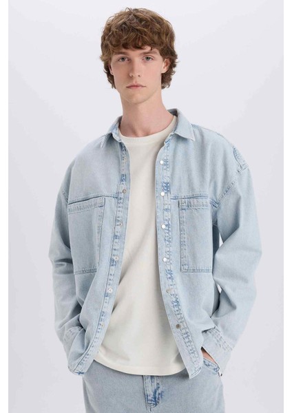 %100 Pamuk Oversize Geniş Kalıp Uzun Kollu Jean Gömlek D8333AX25SP