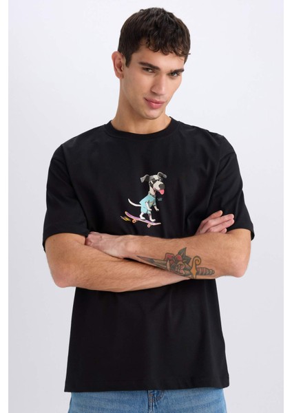 %100 Pamuk Boxy Fit Bisiklet Yaka Baskılı Kısa Kollu Tişört D7354AX25SP