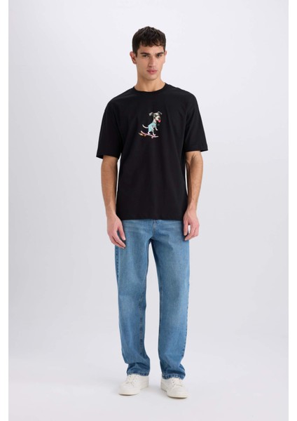 %100 Pamuk Boxy Fit Bisiklet Yaka Baskılı Kısa Kollu Tişört D7354AX25SP fiyatları