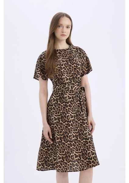 Regular Fit Leopar Desenli Bisiklet Yaka Kısa Kollu Midi Elbise E7113AX25SP