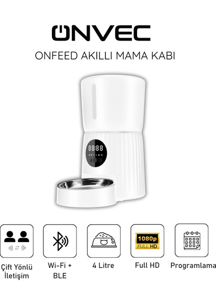 OnFeed Beyaz Akıllı Mama Kabı – 4L Kapasiteli, Alexa ve Google Home Uyumlu