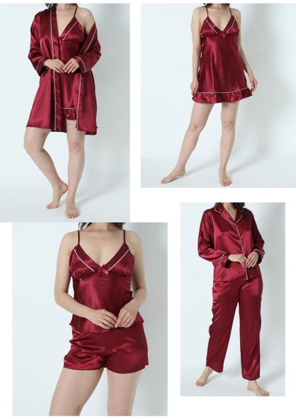 Kadın Bordo Saten Gelin 6'lı Çeyiz Seti Sabahlık & Gecelik & Pijama Şortlu Takım Q8U6O3K0KKA