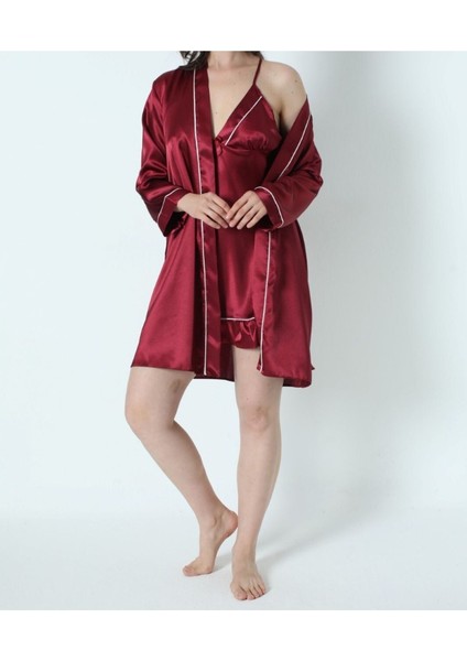 Kadın Bordo Saten Gelin 6'lı Çeyiz Seti Sabahlık & Gecelik & Pijama Şortlu Takım Q8U6O3K0KKA