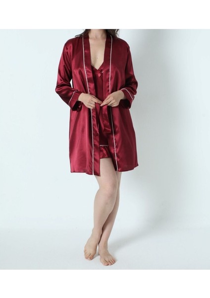 Kadın Bordo Saten Gelin 6'lı Çeyiz Seti Sabahlık & Gecelik & Pijama Şortlu Takım Q8U6O3K0KKA