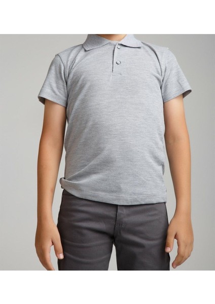 Gri Polo Yaka Lakost T-Shirt Kısa Kollu Okul Tişörtü