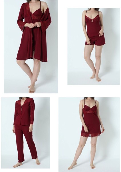 Kadın Bordo Penye Gelin 6'lı Çeyiz Seti Sabahlık & Gecelik & Pijama Şortlu Takım Q9U6O1K0KKA