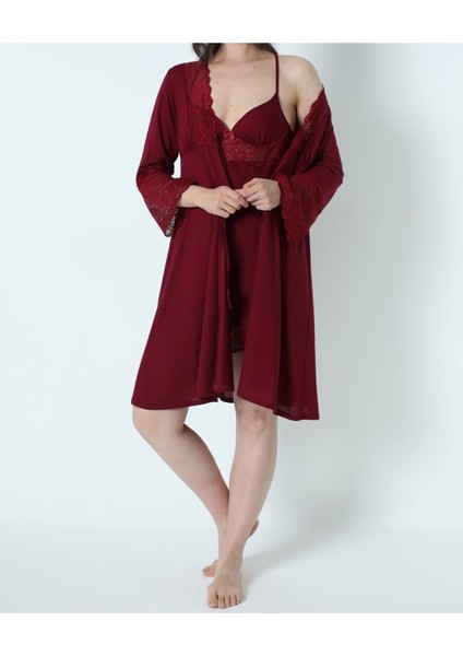 Kadın Bordo Penye Gelin 6'lı Çeyiz Seti Sabahlık & Gecelik & Pijama Şortlu Takım Q9U6O1K0KKA