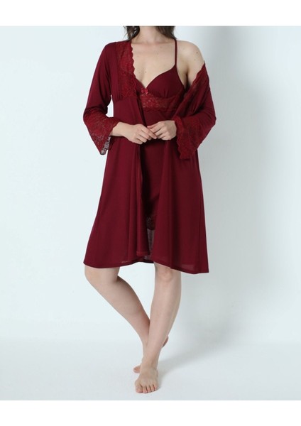 Kadın Bordo Penye Gelin 6'lı Çeyiz Seti Sabahlık & Gecelik & Pijama Şortlu Takım Q9U6O1K0KKA