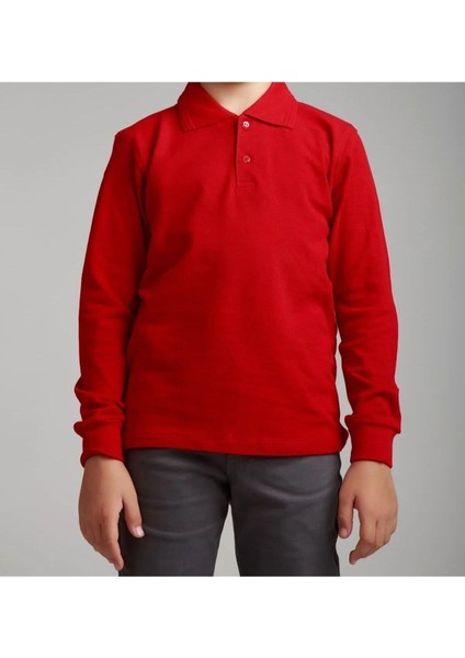 Kırmızı Polo Yaka Lakost T-Shirt Uzun Kollu Okul Tişörtü