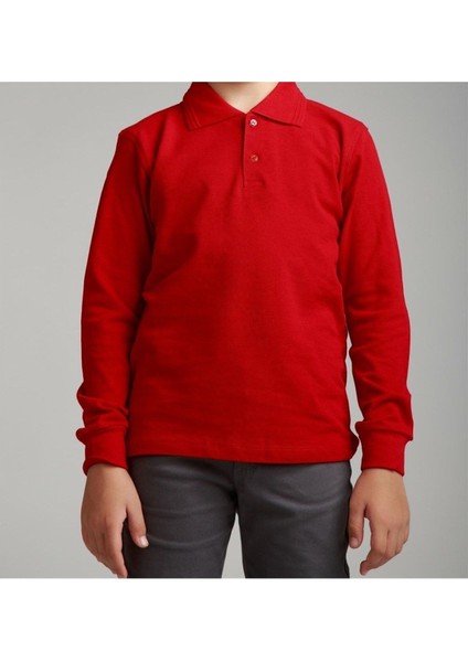 Kırmızı Polo Yaka Lakost T-Shirt Uzun Kollu Okul Tişörtü fiyatları