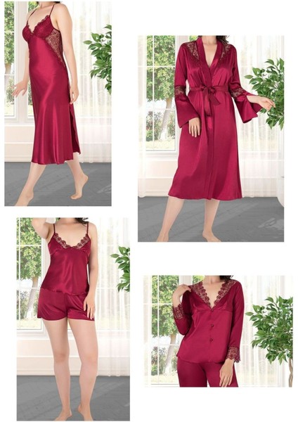 Kadın Bordo Saten Gelin 6'lı Çeyiz Seti Sabahlık & Gecelik & Pijama Şortlu Takım Q8U6O5K0KKA