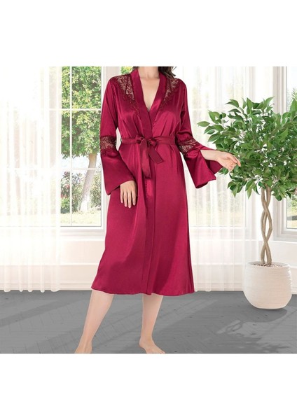 Kadın Bordo Saten Gelin 6'lı Çeyiz Seti Sabahlık & Gecelik & Pijama Şortlu Takım Q8U6O5K0KKA