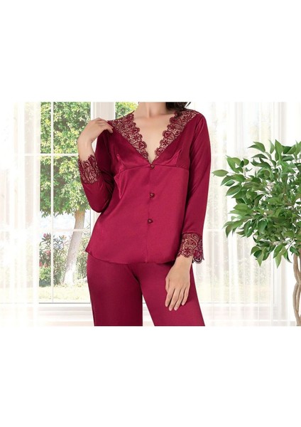 Kadın Bordo Saten Gelin 6'lı Çeyiz Seti Sabahlık & Gecelik & Pijama Şortlu Takım Q8U6O5K0KKA