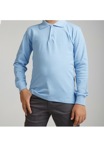 Mavi Polo Yaka Lakost T-Shirt Uzun Kollu Okul Tişörtü