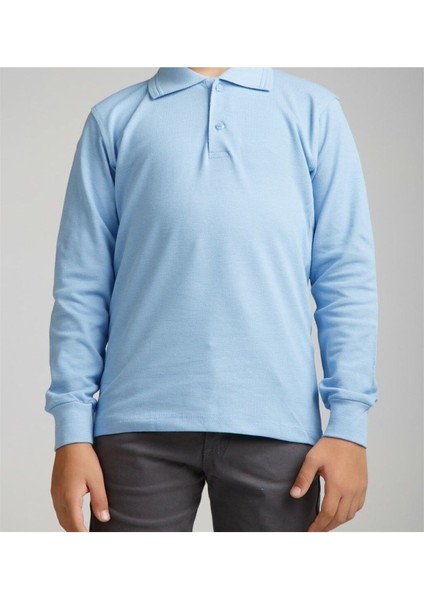 Mavi Polo Yaka Lakost T-Shirt Uzun Kollu Okul Tişörtü