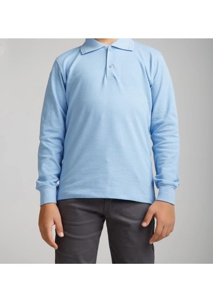 Mavi Polo Yaka Lakost T-Shirt Uzun Kollu Okul Tişörtü