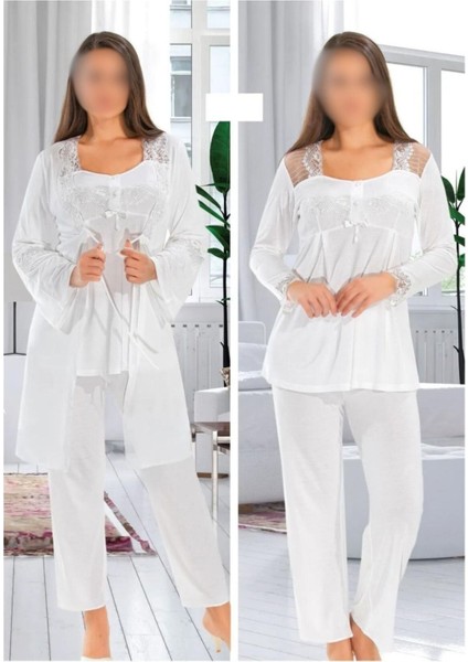 Lohusa Hamile 3 Parça Sabahlıklı Ekru Pijama Takımıqk.k.