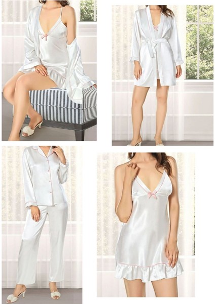 Kadın Ekru Saten Gelin 6'lı Çeyiz Seti Sabahlık & Gecelik & Pijama Şortlu Takım Q8U6O3K0KKA