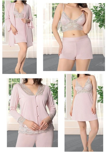 Kadın Pudra Penye Gelin 6'lı Çeyiz Seti Sabahlık & Gecelik & Pijama Şortlu Takım Q9U6O2K0KKA