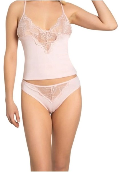 Kadın Pudra Dantel Detaylı İp Askılı Atlet & Slip Külot Kaşkorse Set Q6U0K.K.2A.