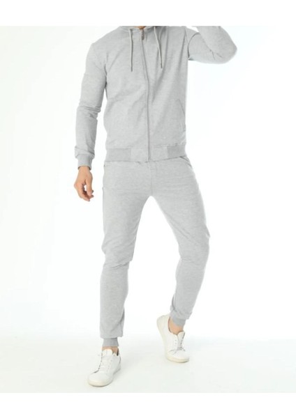 Erkek Gri Pamuklu Dar Paça Eşofman Altı & Kapüşonlu Fermuarlı Sweatshirt Eşofman Takımı Q1.4u5.4ok.a