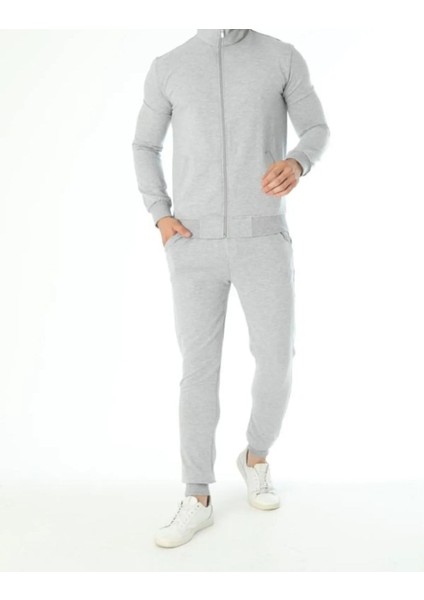 Erkek Gri Pamuklu Dar Paça Eşofman Altı & Fermuarlı Sweatshirt Eşofman Takımı Q1.4u5.3okk.a