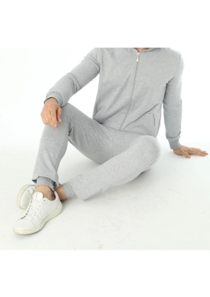 Erkek Gri Pamuklu Dar Paça Eşofman Altı & Fermuarlı Sweatshirt Eşofman Takımı Q1.4u5.3okk.a