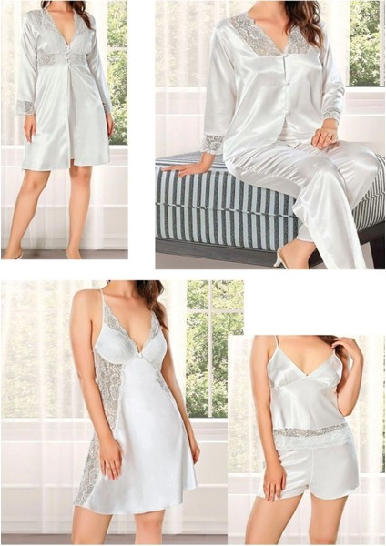 Kadın Ekru Saten Gelin 6'lı Çeyiz Seti Sabahlık & Gecelik & Pijama Şortlu Takım Q8U6O0K0KKA