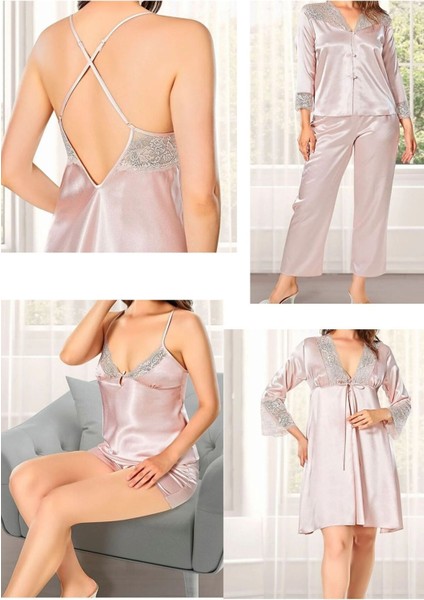 Kadın Pudra Saten Gelin 6'lı Çeyiz Seti Sabahlık & Gecelik & Pijama Şortlu Takım Q8U6O1K0KKA