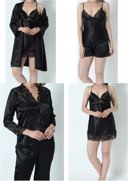 Kadın Siyah Saten Gelin 6'lı Çeyiz Seti Sabahlık & Gecelik & Pijama Şortlu Takım Q8U6O1K0KKA