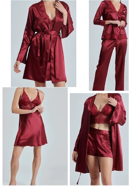 Kadın Bordo Saten Gelin 6'lı Çeyiz Seti Sabahlık & Gecelik & Pijama Şortlu Takım Q8U6O2K0KKA