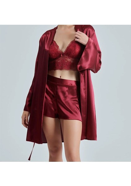 Kadın Bordo Saten Gelin 6'lı Çeyiz Seti Sabahlık & Gecelik & Pijama Şortlu Takım Q8U6O2K0KKA modelleri