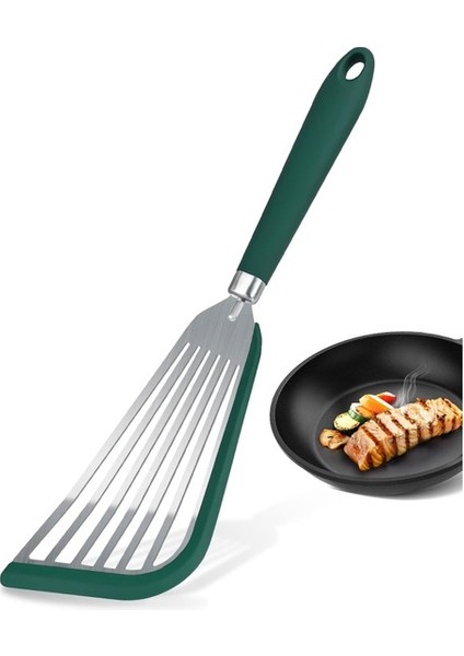 Yapışmaz Tencere Için Friekylin Silikon Balık Spatula, Kızarmış Yumurta Burger Biftek Pişirmek Için Isıya Dayanıklı Oluklu Spatula Turner (Yeşil) (Yurt Dışından)