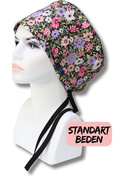 Standart Beden Büyük Çiçekler Lila Pembe Cerrahi Bone Doktor Hemşire Sağlıkçı Hastane Bonesi