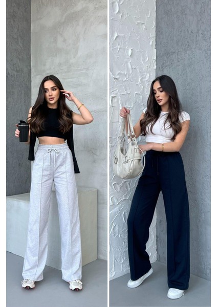 Siyah-Antrasit Kadın Mevsimlik Salaş Geniş Paça Yüksek Bel 2'li Eşofman Altı