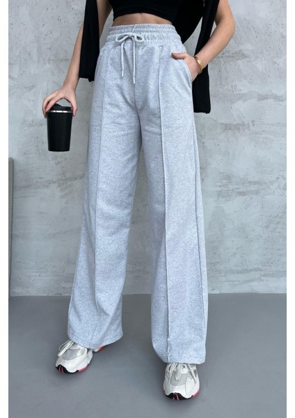 Siyah-Antrasit Kadın Mevsimlik Salaş Geniş Paça Yüksek Bel 2'li Eşofman Altı modelleri