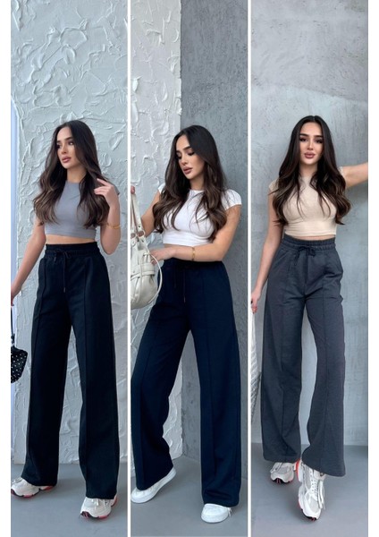 Siyah-Lacivert-Antrasit Kadın Mevsimlik Salaş Geniş Paça Yüksek Bel 3'lü Eşofman Altı
