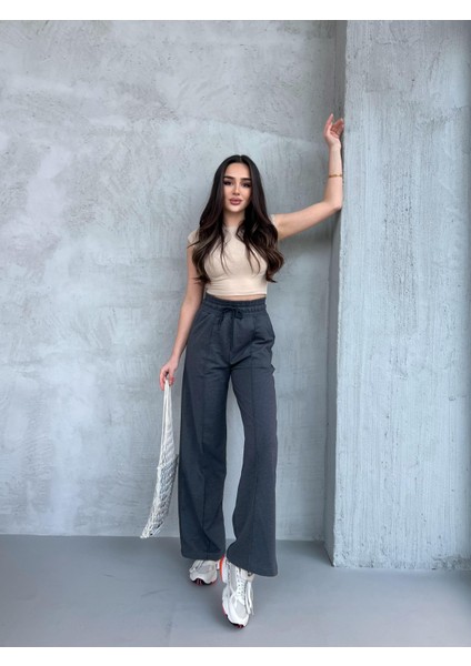 Siyah-Lacivert-Antrasit Kadın Mevsimlik Salaş Geniş Paça Yüksek Bel 3'lü Eşofman Altı fırsatları