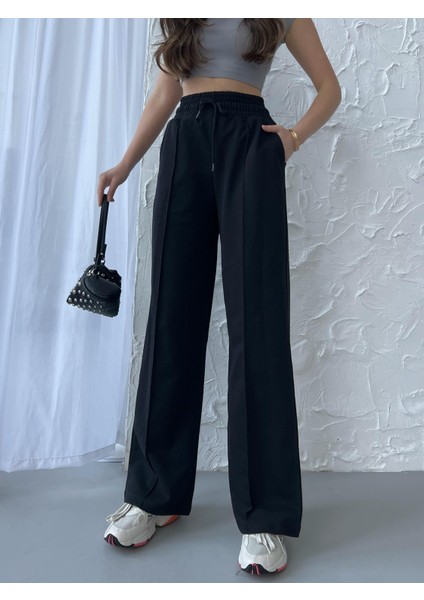 Siyah-Lacivert-Antrasit Kadın Mevsimlik Salaş Geniş Paça Yüksek Bel 3'lü Eşofman Altı indirimleri