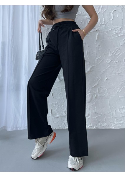 Siyah-Antrasit Kadın Mevsimlik Salaş Geniş Paça Yüksek Bel 2'li Eşofman Altı modelleri